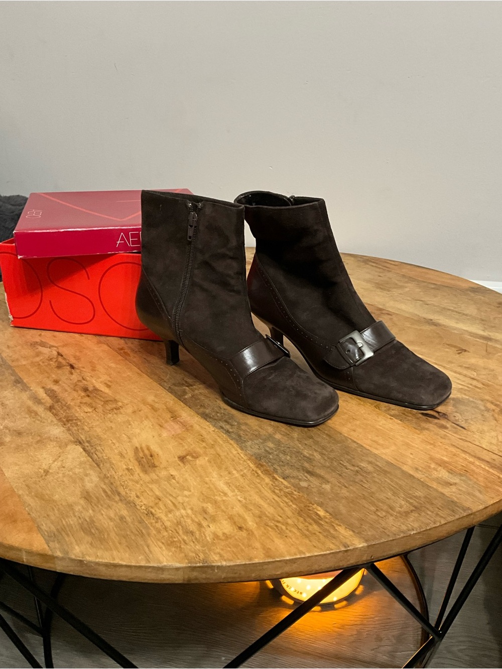 AEROSOLES Dark Brown Suede Ankle Booties with Buckle Detail